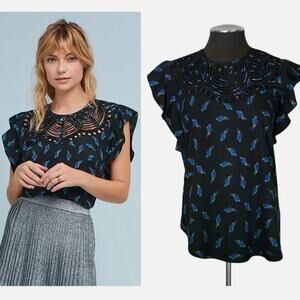 Anthropologie Ranna Gill Top Flutter Sleeve Ruffle Cutwork Short Sleeve Size M